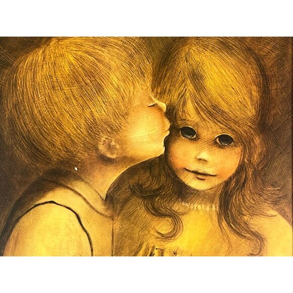 A Little Kiss Margaret Kane Framed Print Big Eyes MCM Kissing Boy Girl - Picture 2 of 8
